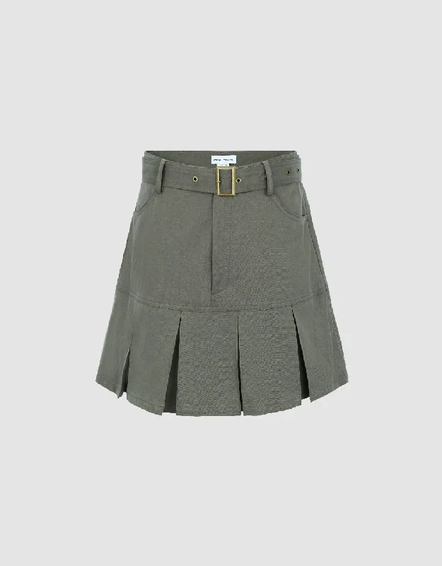 Pleated Mini A-Line Skirt With Belt leather skirt modern