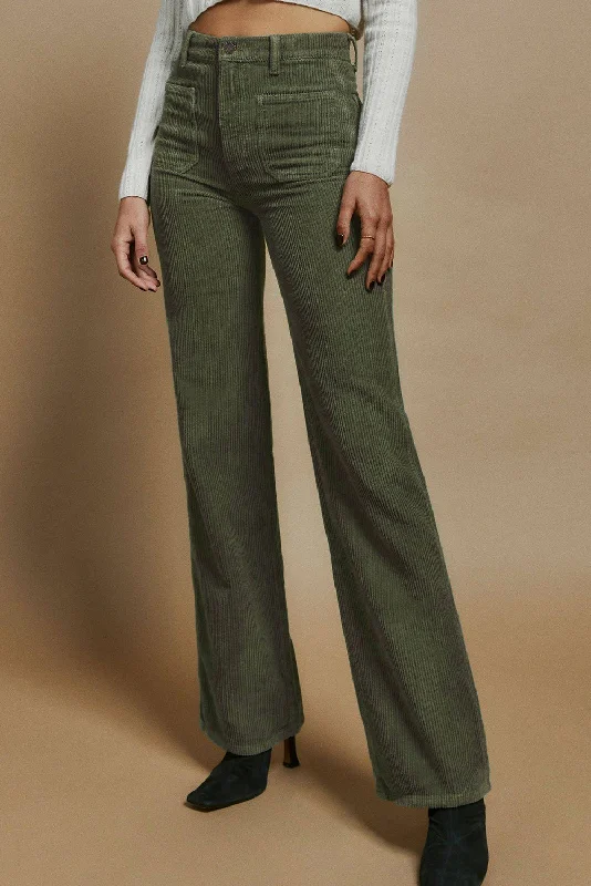 Green High Waist Square Pockets Corduroy Pants Comfortable Jogger Trousers