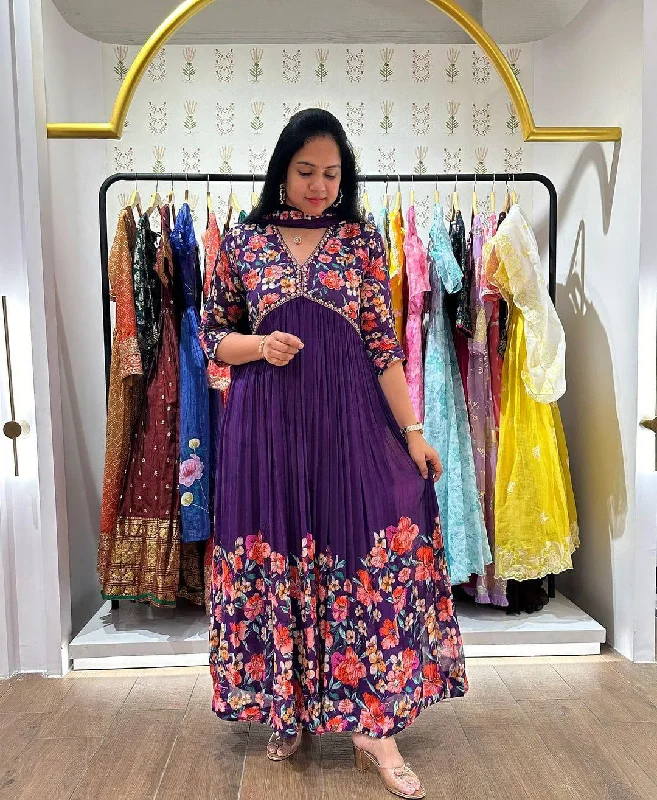 Ethereal Blooms: Premium Digital Print Flair Gown Pant with Full Dupatta Set" Fashionable Work Pants Ethereal Blooms: Premium Digital Print Flair Gown Pant with Full Dupatta Set" Fashionable Work Pants