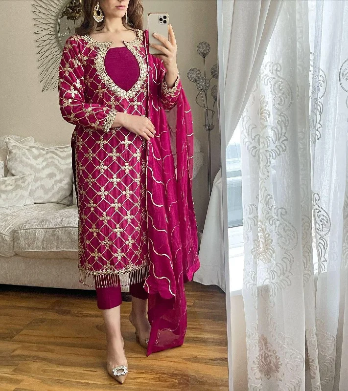 Rani Pink Elegant Georgette Sequins Embroidery Top and Micro Silk Pant Set with Dupatta Formal Linen Trousers