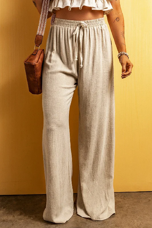 Apricot Lace-up Waist Floor Length Wide Leg Casual Pants Trendy Velvet Pants