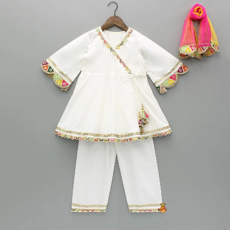 Pre Order: Multicolour Embroidered Kurti And Pant With Dupatta Relaxed High-Waist Trousers