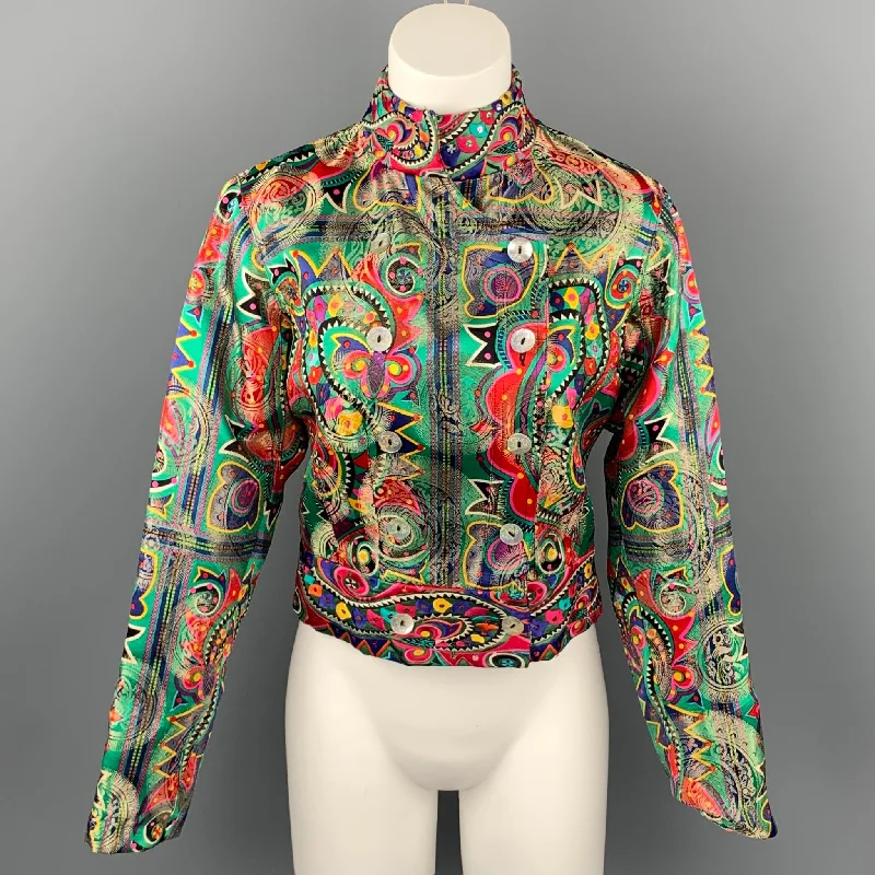 JOHN GALLIANO Size 4 Multi-Color Embroidered Abstract Silk Blend Double Breasted Jacket Rayon Jacket Velvet Jacket Corduroy Jacket JOHN GALLIANO Size 4 Multi-Color Embroidered Abstract Silk Blend Double Breasted Jacket Rayon Jacket Velvet Jacket Corduroy Jacket