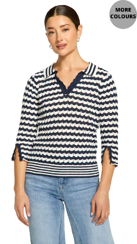 Pointelle Zig Zag Knit Collared Sweater. Style FD1456314 Terry Blend Velvet Blend Canvas Blend Pointelle Zig Zag Knit Collared Sweater. Style FD1456314 Terry Blend Velvet Blend Canvas Blend