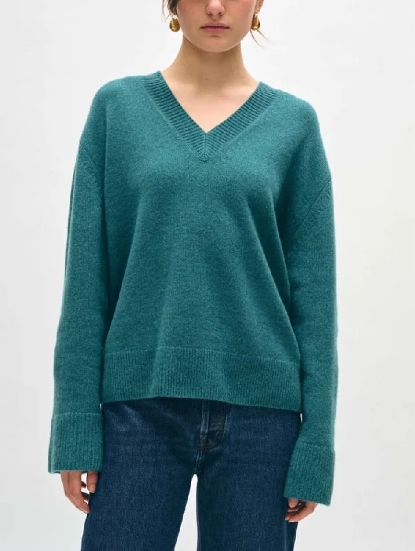 White + Warren Cashmere Rib Trim V-Neck Sweater - Jade Heather Seamless Knitted Crochet