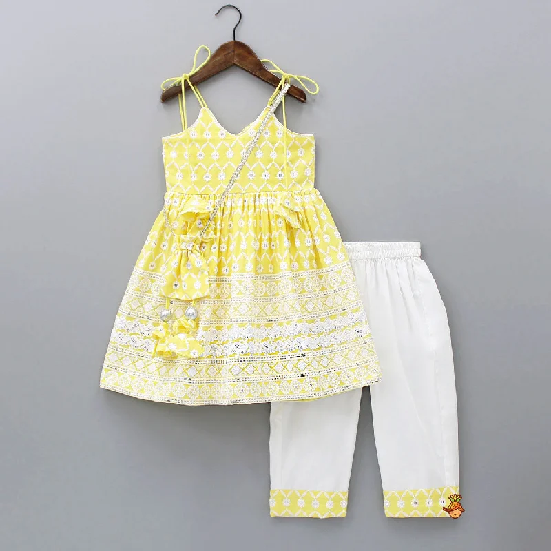 Pre Order: Strappy V Neck Embroidered Yellow Kurti And Pant With Sling Bag Classic Stretch Pants