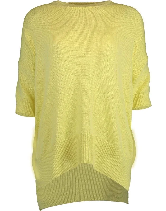 Yellow Short Sleeve Crewneck Sweater Solid Color Striped Floral Print