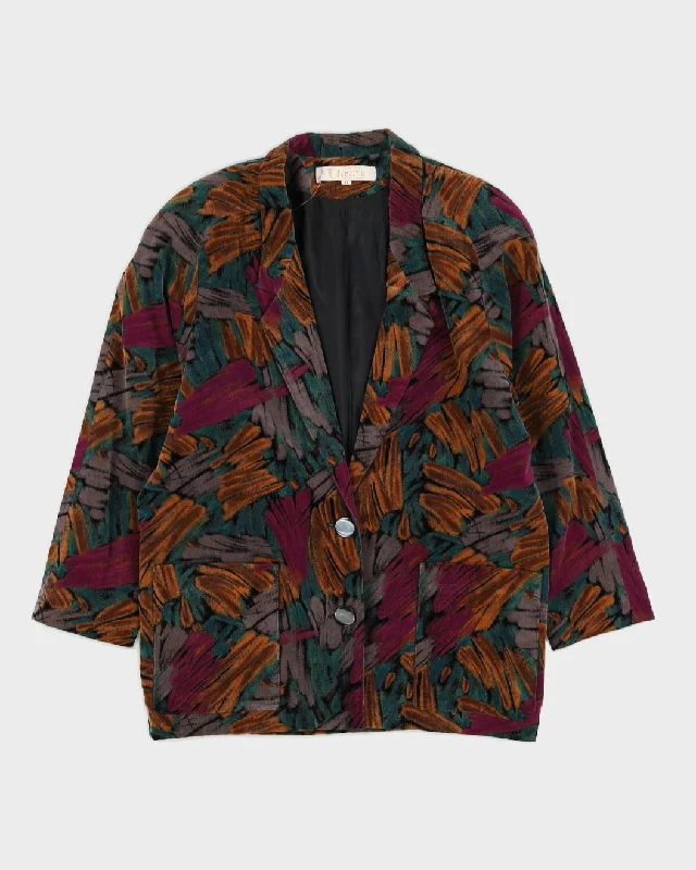 00s Green Patterned Velvet Blazer Jacket - L Cardigan Sweater Pullover