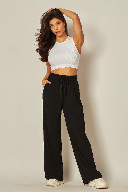 Ribbed High-rise Drawstring Wide Leg Pants Cozy Fitted Pants