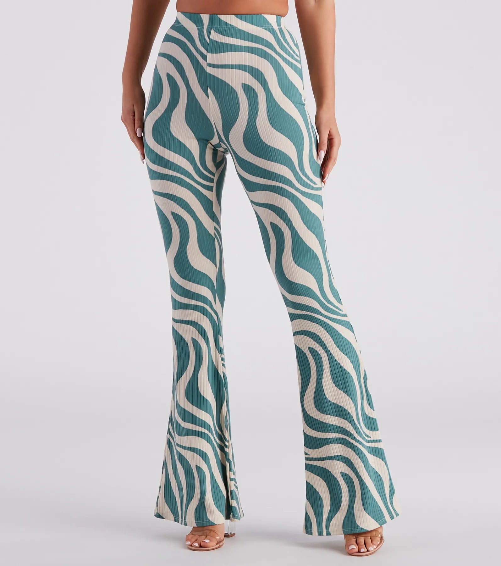 Flirty Retro Babe Swirl Print Flare Pants Slim Fit Casual Pants