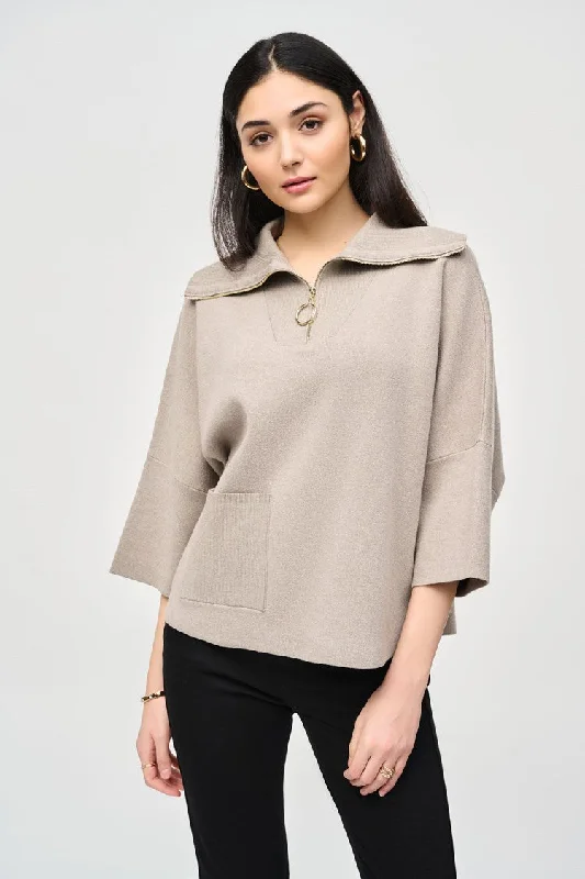 Joseph Ribkoff Jacquard Zipped Collar Sweater - Taupe Melange Toggled Drawstring Belted