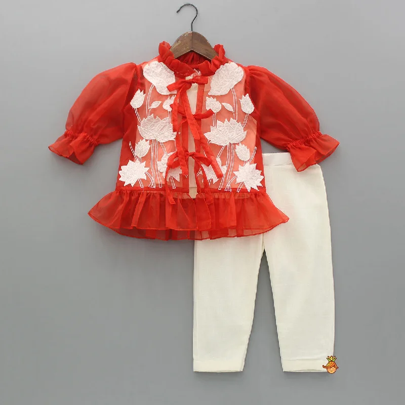 Pre Order: Off White Top With Front Tie Up Knot Applique Embroidered Jacket And Pant Comfy Zip-Up Pants
