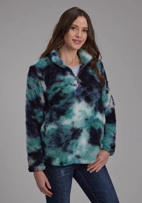2260 BLUE TIE DYE POLAR FLEECE JACKET Notch Collar Peter Pan Collar Cowl Neck