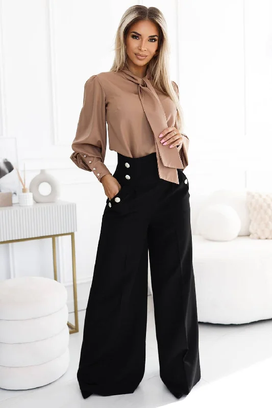 Numoco 496-2 Elegant wide pants with high waist and golden buttons - black Stylish Casual Pants Numoco 496-2 Elegant wide pants with high waist and golden buttons - black Stylish Casual Pants