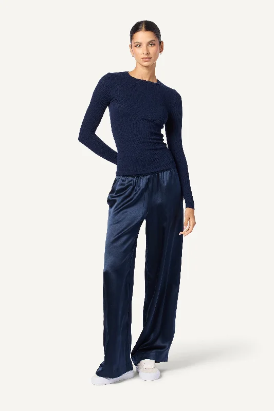 BRYNN WIDE LEG SILK PANT  | MIDNIGHT NAVY Fashionable Button-Up Pants
