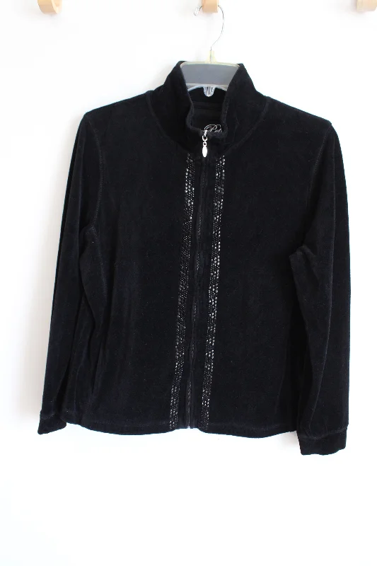 Onque Petite Black Bedazzled Velvet Zip-Up Jacket | L Petite Embroidered Jacket Appliqued Jacket Beaded Jacket Onque Petite Black Bedazzled Velvet Zip-Up Jacket | L Petite Embroidered Jacket Appliqued Jacket Beaded Jacket