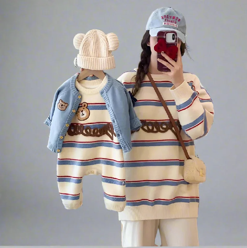 Matching Mommy and Me Bear Striped Knit Sweaters  Cozy Family Outfit with Embroidered Bear Design Front Pockets Side Pockets Patch Pockets