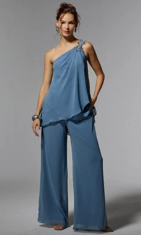 MGNY By Mori Lee 72912 - Asymmetrical Chiffon Pantsuit Sleek Black Pants