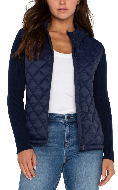 Quilted Front Full Zip Hooded Sweater Herringbone Houndstooth Plaid