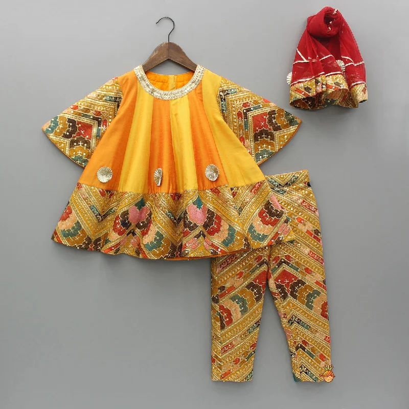 Pre Order: Colour Blocked Embroidered Kurti And Pant With Dupatta Elegant High-Waist Pants