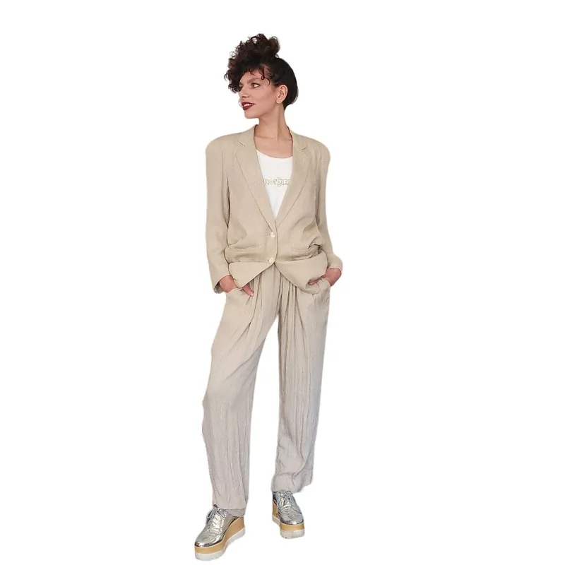 Vintage 80s 90s DONNA KARAN Pant Suit Beige Silk Classic Chino Pants