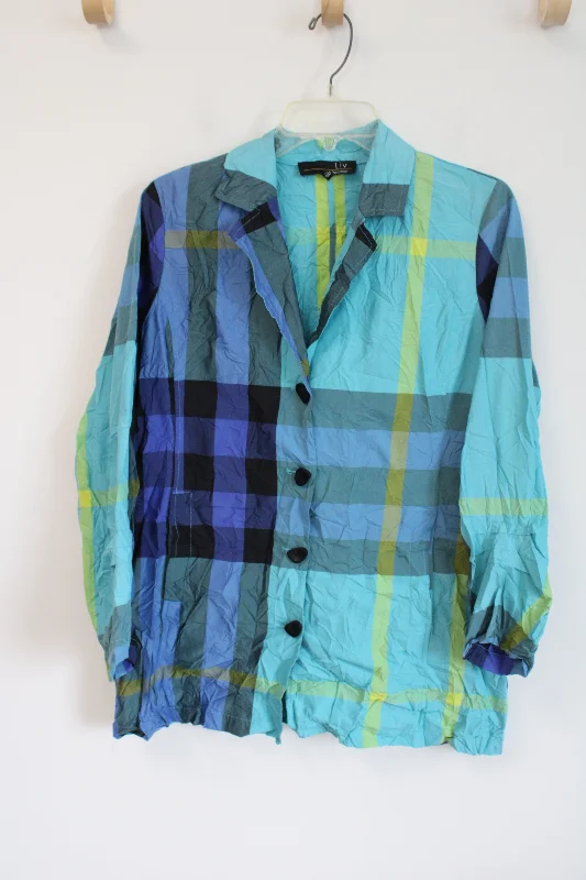 NEW Liv Blue & Green Plaid Windbreaker Jacket | XS Satin Jacket Silk Jacket Chiffon Jacket NEW Liv Blue & Green Plaid Windbreaker Jacket | XS Satin Jacket Silk Jacket Chiffon Jacket
