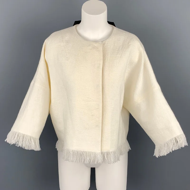 ANDREW GN S/S 18 Size 4 Cream Woven Linen Fringe Snap Button Jacket Denim Jacket Leather Jacket Suede Jacket ANDREW GN S/S 18 Size 4 Cream Woven Linen Fringe Snap Button Jacket Denim Jacket Leather Jacket Suede Jacket