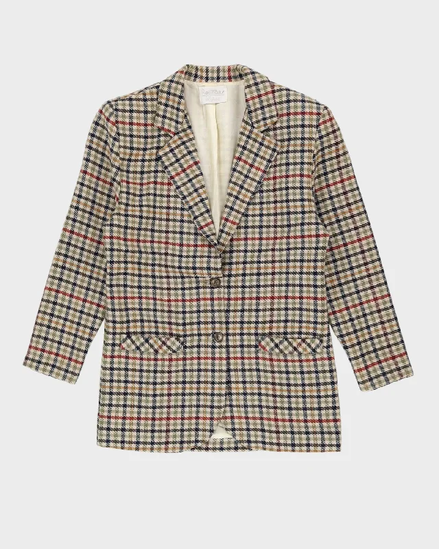 Beige Checked Blazer Jacket - M Embroidered Jacket Appliqued Jacket Beaded Jacket
