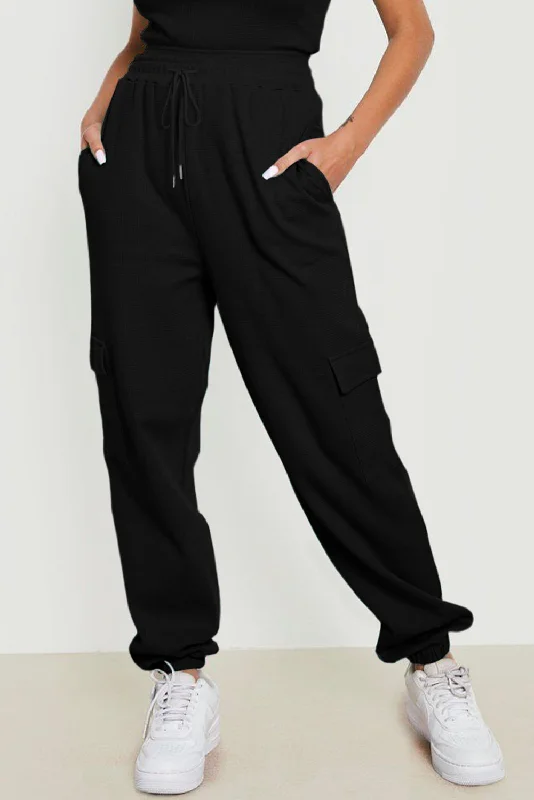 Black Waffle Texture Cargo Pocket Jogger Pants Stylish Slim Trousers