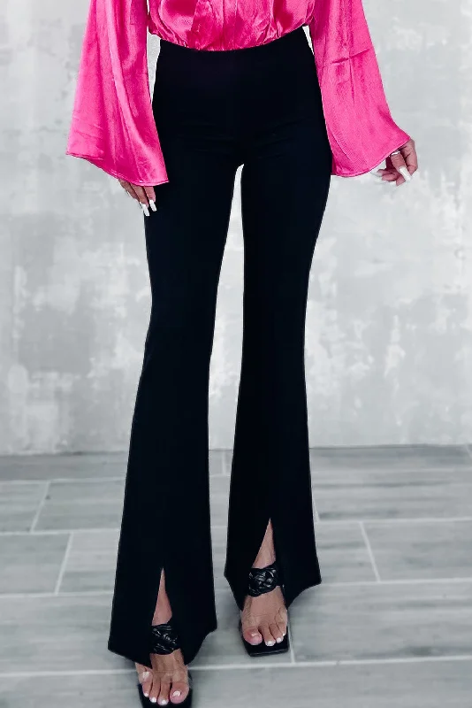 Black Split Front Flare Bottom Pants Elegant Dress Pants
