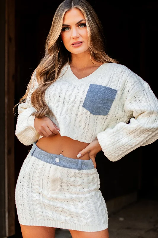 Definitely Not Average Denim Contrast Sweater Knit Two-Piece Set (Off White) Sequined Glittery Shiny