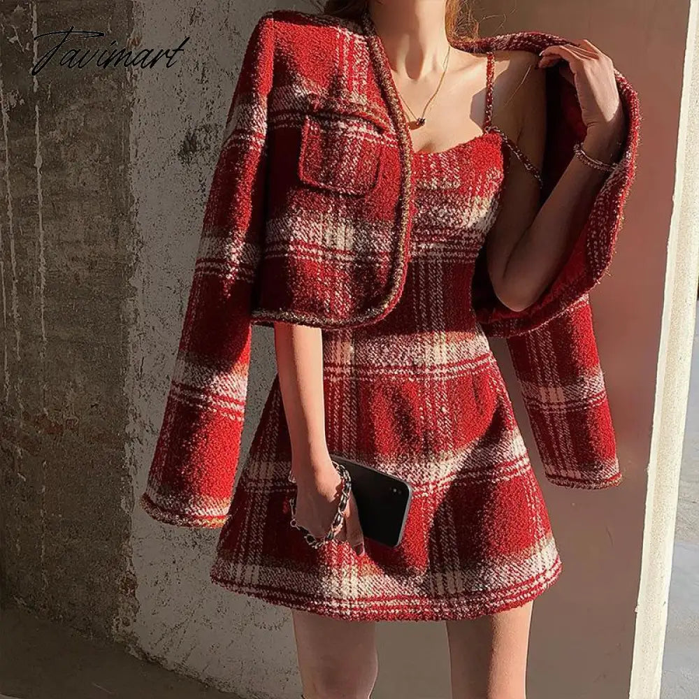 Winter New Female Chic Woolen Two-Piece Sets Christmas Red Hepburn Style Jacket + Plaid Suspender Dress Suits Wool Jacket Cashmere Jacket Tweed Jacket Winter New Female Chic Woolen Two-Piece Sets Christmas Red Hepburn Style Jacket + Plaid Suspender Dress Suits Wool Jacket Cashmere Jacket Tweed Jacket