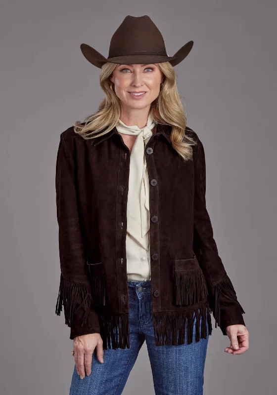 DK BROWN SUEDE FRINGE BUTTON JACKET Print Jacket Jacquard Jacket Patchwork Jacket