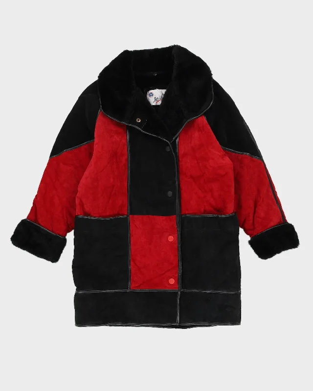Black And Red Sheepskin Fur Lined Jacket - M Front Pockets Side Pockets Patch Pockets Black And Red Sheepskin Fur Lined Jacket - M Front Pockets Side Pockets Patch Pockets
