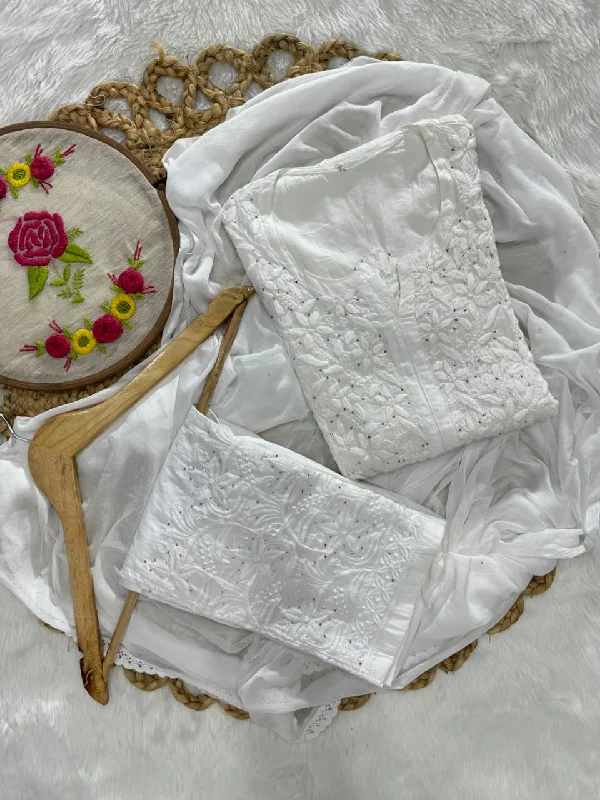 Classic White Premium Modal Mukaish Work Kurta Set with Lycra Mukaish Pants & Chiffon Dupatta Comfortable Jogger Trousers Classic White Premium Modal Mukaish Work Kurta Set with Lycra Mukaish Pants & Chiffon Dupatta Comfortable Jogger Trousers