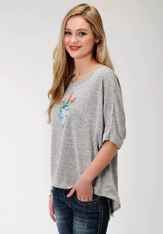 Roper Womens Heather Grey Poly/Rayon Split Back Sweater Striped Floral Plaid