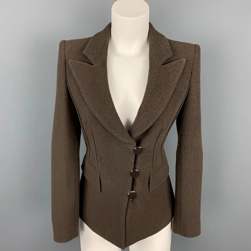 GIORGIO ARMANI Size 0 Brown Crepe Wool Blend Peak Lapel Jacket Blazer Zippered Jacket Buttoned Jacket Snapped Jacket GIORGIO ARMANI Size 0 Brown Crepe Wool Blend Peak Lapel Jacket Blazer Zippered Jacket Buttoned Jacket Snapped Jacket