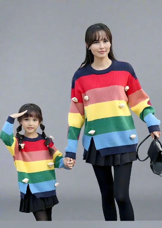 Mother-Daughter Matching Rainbow Striped Sweater with 3D Teddy Bear Details Mesh Fabric Canvas Fabric Denim Fabric