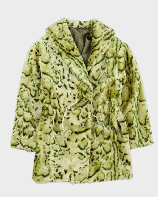 Y2K Green Patterned Faux Fur Jacket - S Satin Fabric Silk Fabric Chiffon Fabric