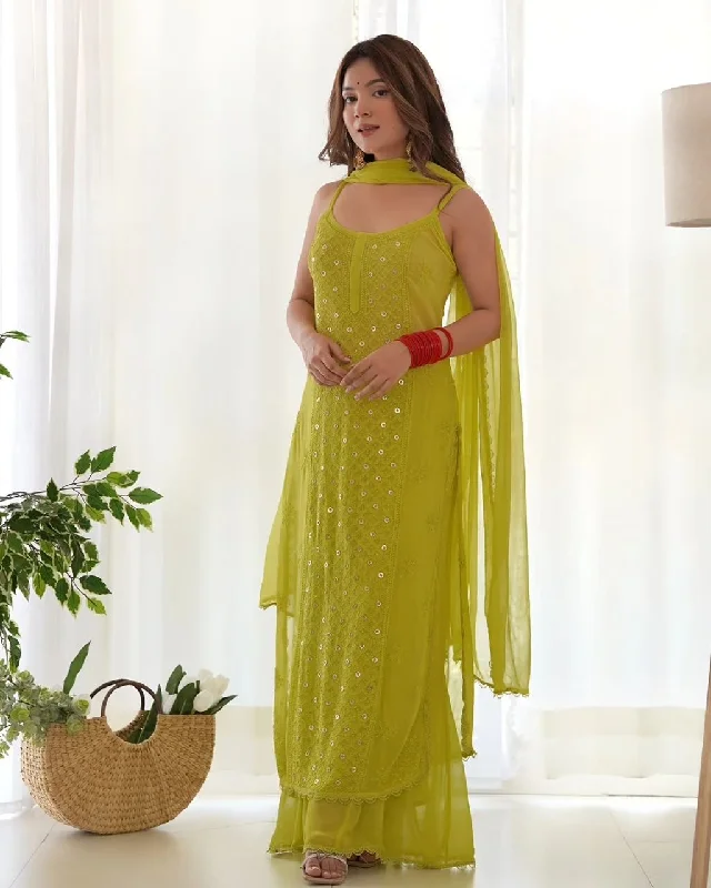 Olive Green Luxe Viscose Ring Work Jaal Lucknow Chikankari Kurti and Pant Set with Dupatta Formal Dress Pants