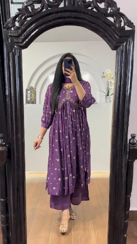 Purple Aliya Cut Chinon Suit with Pant & Dupatta Fashionable Track Pants