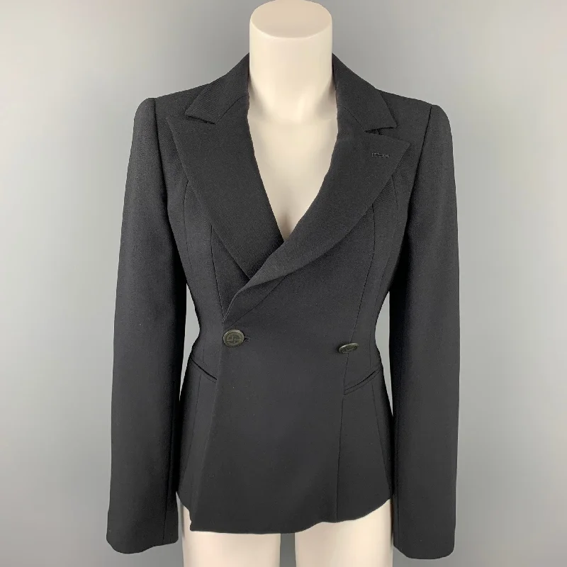 GIORGIO ARMANI Size 0 Black Wool Double Breasted Peak Lapel Jacket Elasticated Jacket Padded Jacket Insulated Jacket GIORGIO ARMANI Size 0 Black Wool Double Breasted Peak Lapel Jacket Elasticated Jacket Padded Jacket Insulated Jacket
