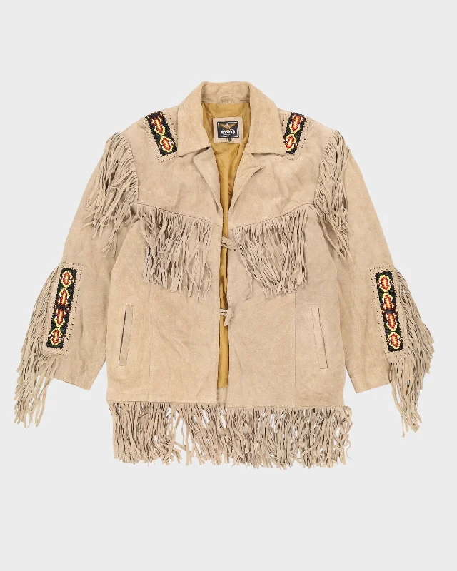 Beige Suede Fringed Beaded Jacket - L Hooded Jacket Caped Jacket Shawl Collar Jacket Beige Suede Fringed Beaded Jacket - L Hooded Jacket Caped Jacket Shawl Collar Jacket
