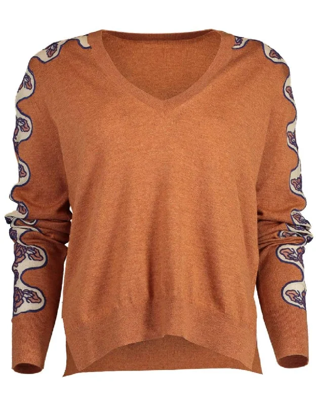 Embroidered Sleeve V-Neck Sweater Velvet Chenille Corduroy