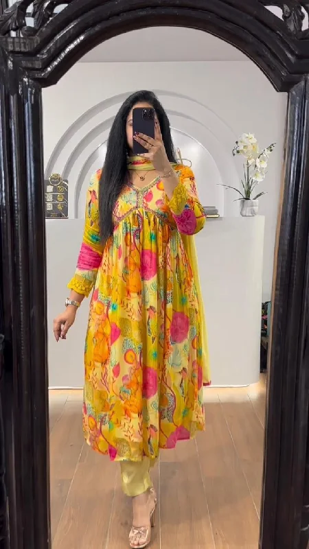 Lemon Yellow Aliya Cut Chinon Suit with Pant & Dupatta Trendy Printed Leggings