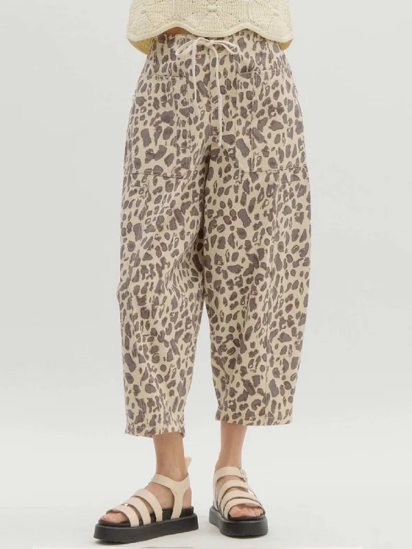 Leopard Pattern Mid-Rise Balloon Pants Relaxed Linen Pants
