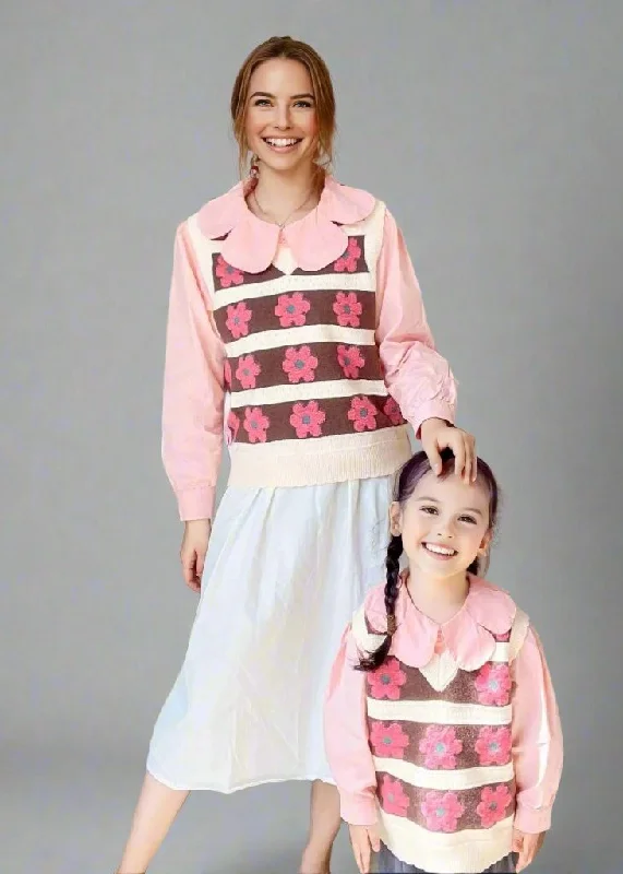 Mother-Daughter Matching Floral Knit Sweater Vest – Pink & Brown Retro Style Chenille Fabric Brocade Fabric Lace Fabric