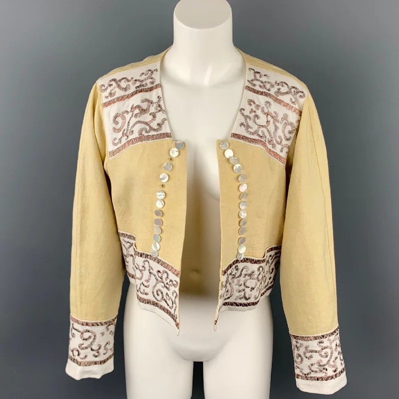 DRIES VAN NOTEN Size 4 Beige Embroidered Linen Open Front Jacket Embroidered Jacket Appliqued Jacket Beaded Jacket DRIES VAN NOTEN Size 4 Beige Embroidered Linen Open Front Jacket Embroidered Jacket Appliqued Jacket Beaded Jacket