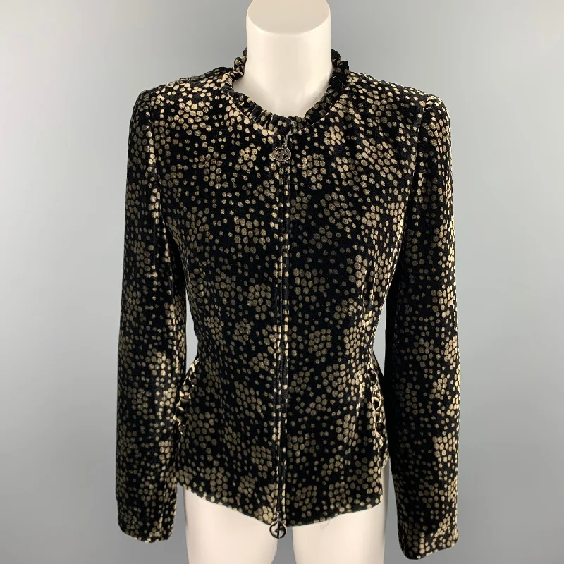 GIORGIO ARMANI Size 8 Black & Gold Dot Print Velvet Jacket Bomber Jacket Anorak Windbreaker GIORGIO ARMANI Size 8 Black & Gold Dot Print Velvet Jacket Bomber Jacket Anorak Windbreaker