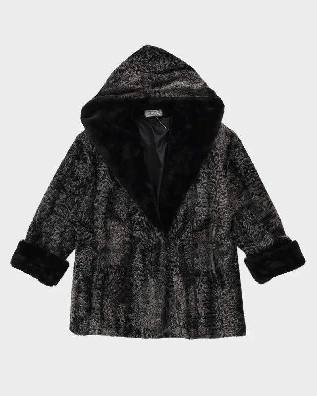 Y2K Grey Hooded Faux Fur Jacket - L Stand-Up Collar Roll-Neck Collar Turtle Neck